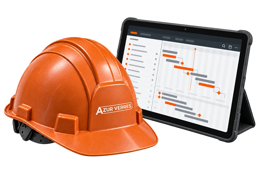 Conduite de travaux : casque Azur Verres et planning de chantier.