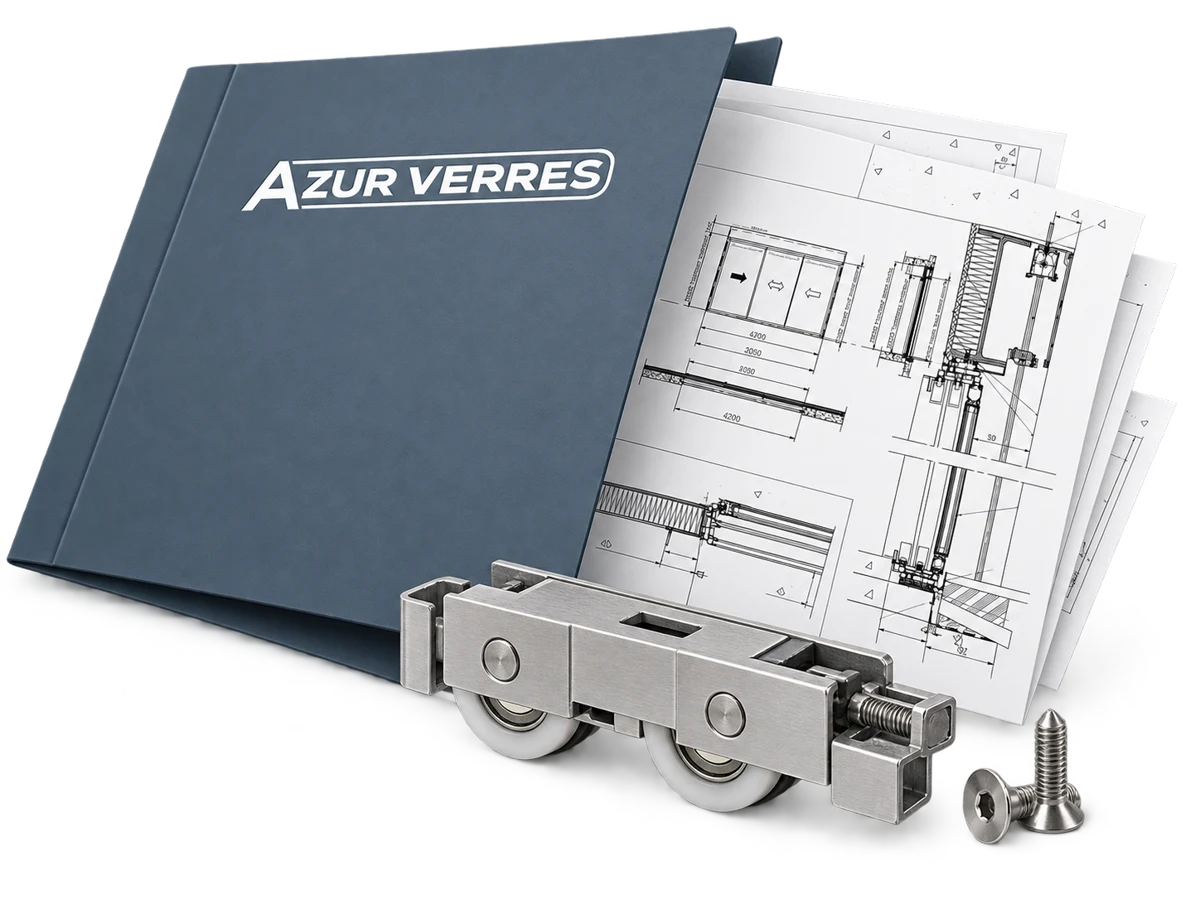 Illustration d’un dossier technique Azur Verres avec plans de baie coulissante, chariot de roulement et visserie