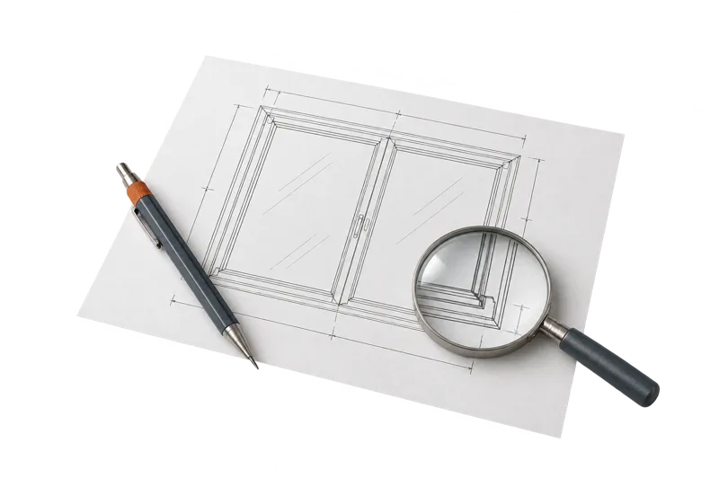 Analyse : plan de menuiserie, loupe et crayon de dessin.