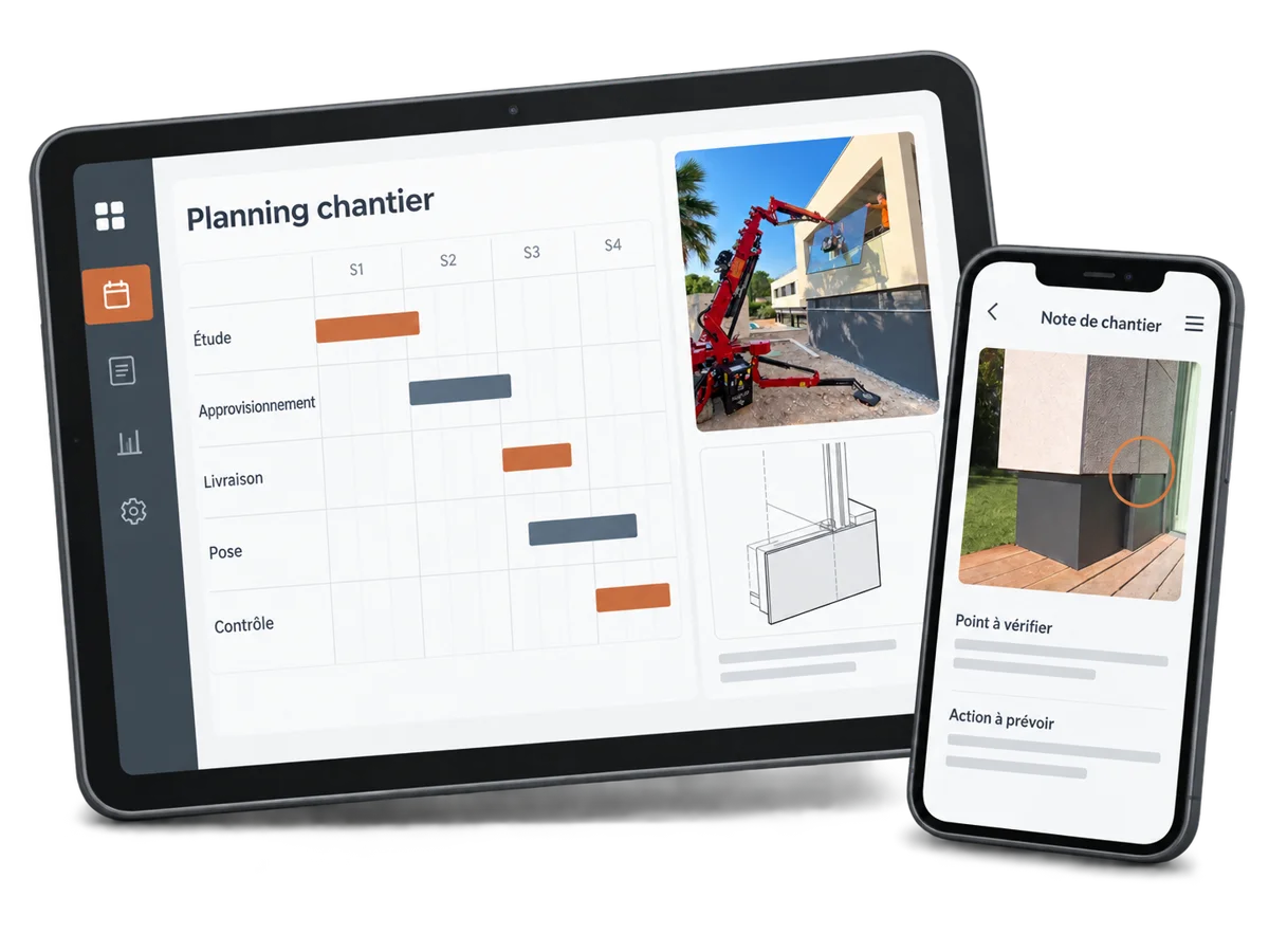 Illustration d’un planning de chantier sur tablette et d’une note de chantier avec photo sur téléphone