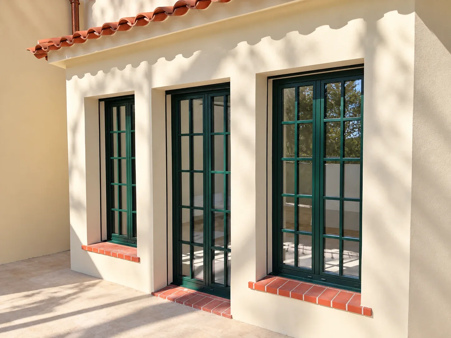 Porte-fenêtre et fenêtres à croisillons sur une façade claire.